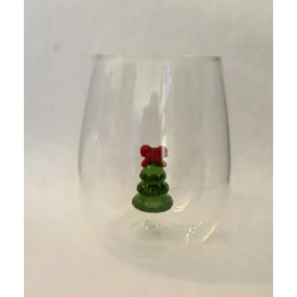 Anthropologie Jolly Icon Stemless Wine Glass Christmas Tree Festive Holiday